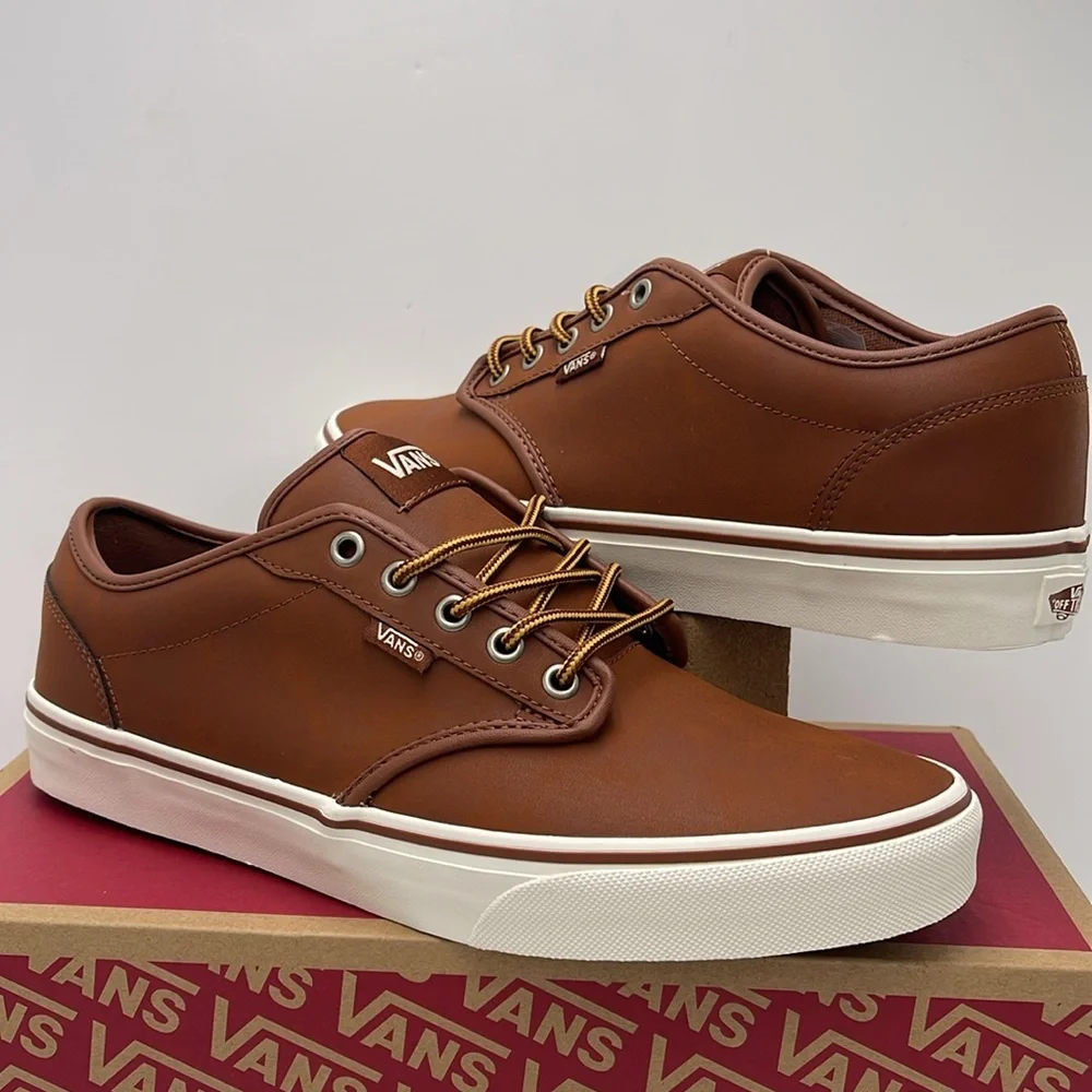 Vans Men’s Brown Leather Sneakers White Accents Atwood (Leather)Brown/Mashmallow